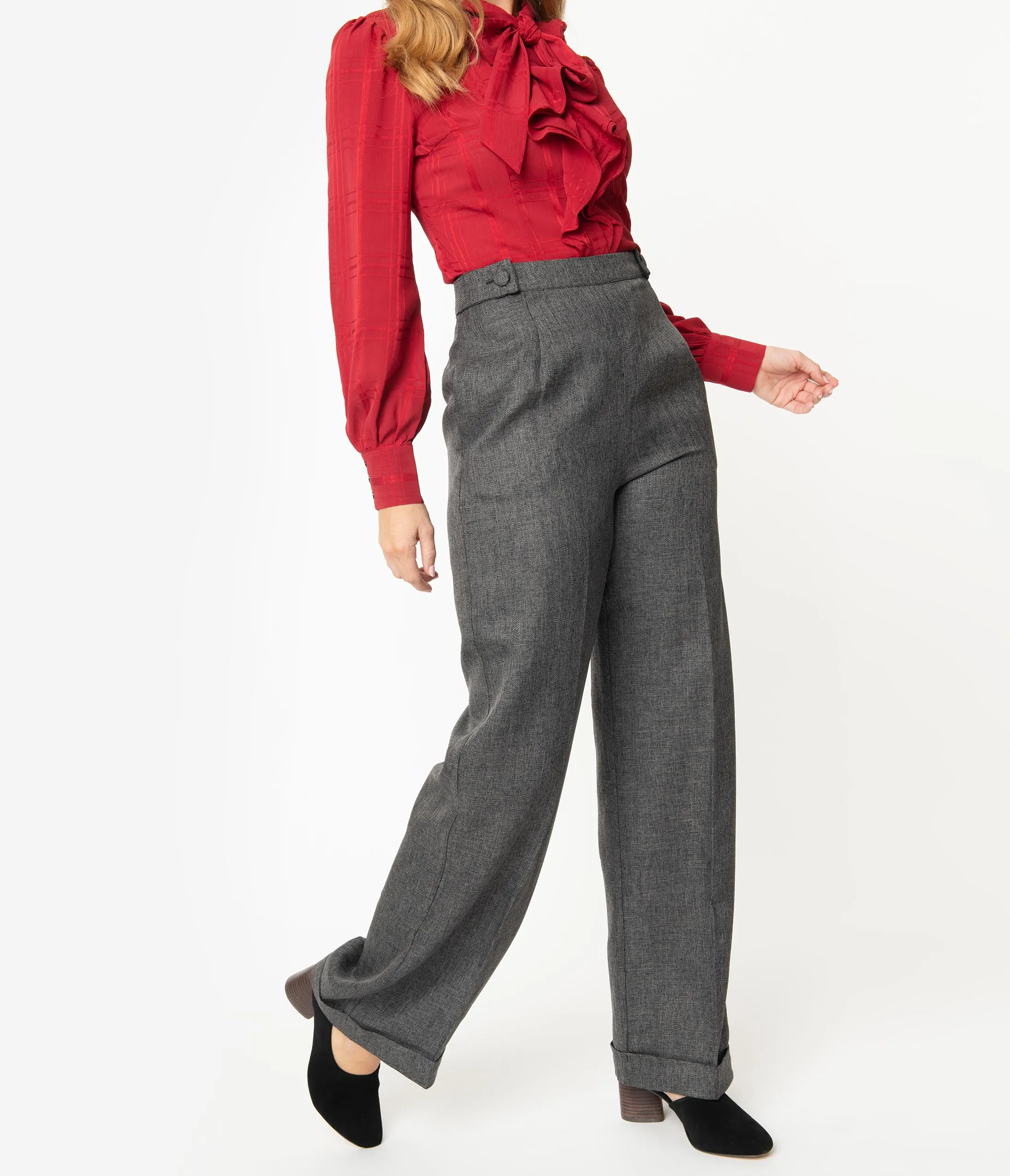 1940s Grey Woven Button Tab High Waist Pants