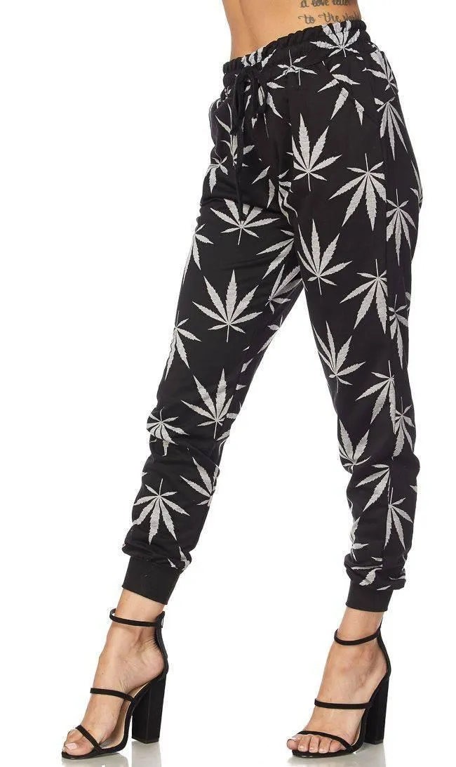 Black Classic Weed Print Drawstring Joggers