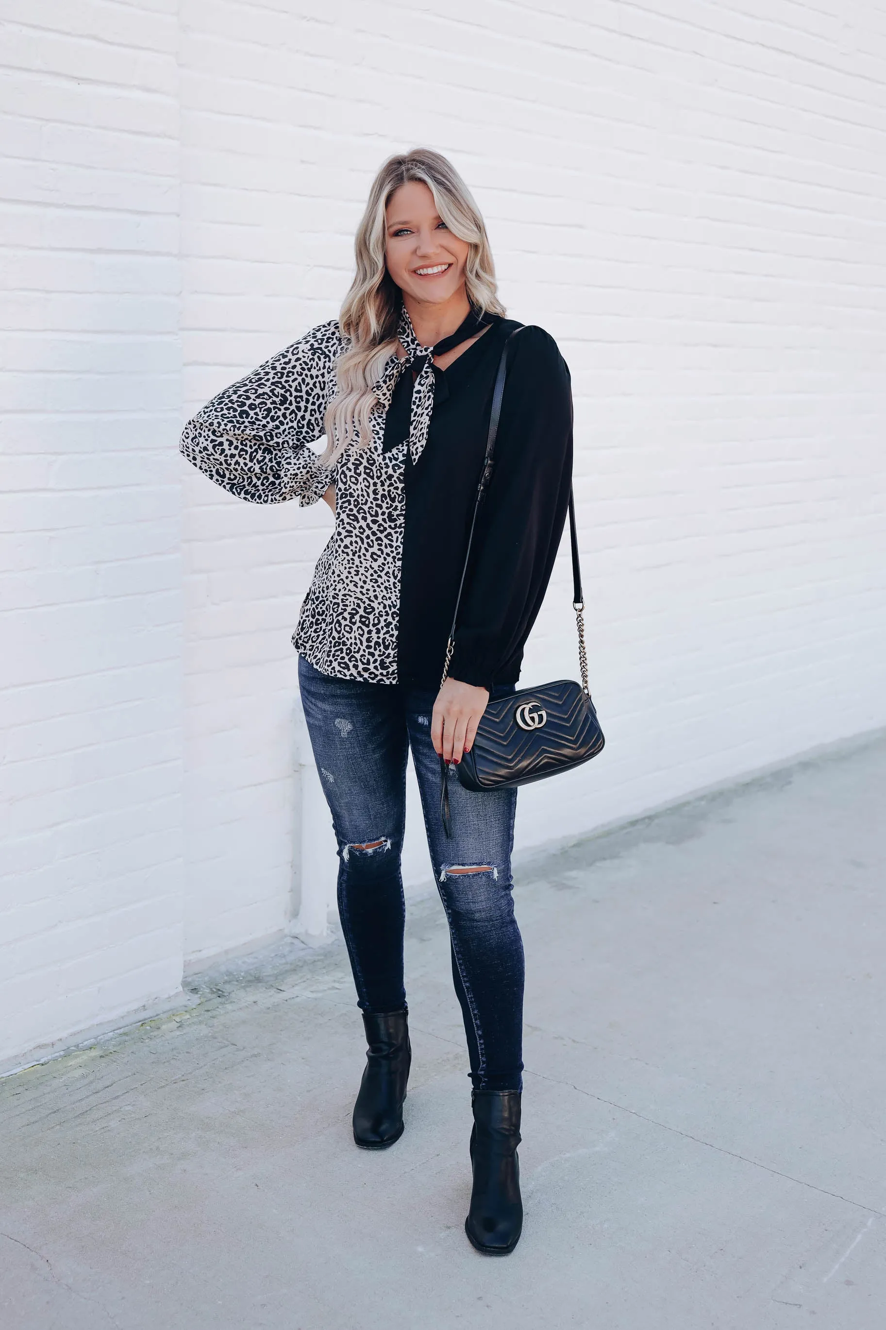 Black Leopard Color Block Blouse