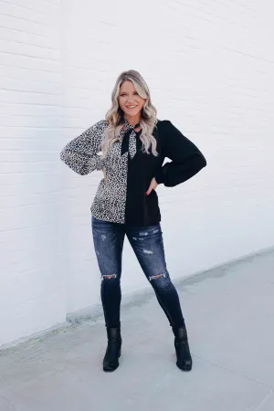 Black Leopard Color Block Blouse