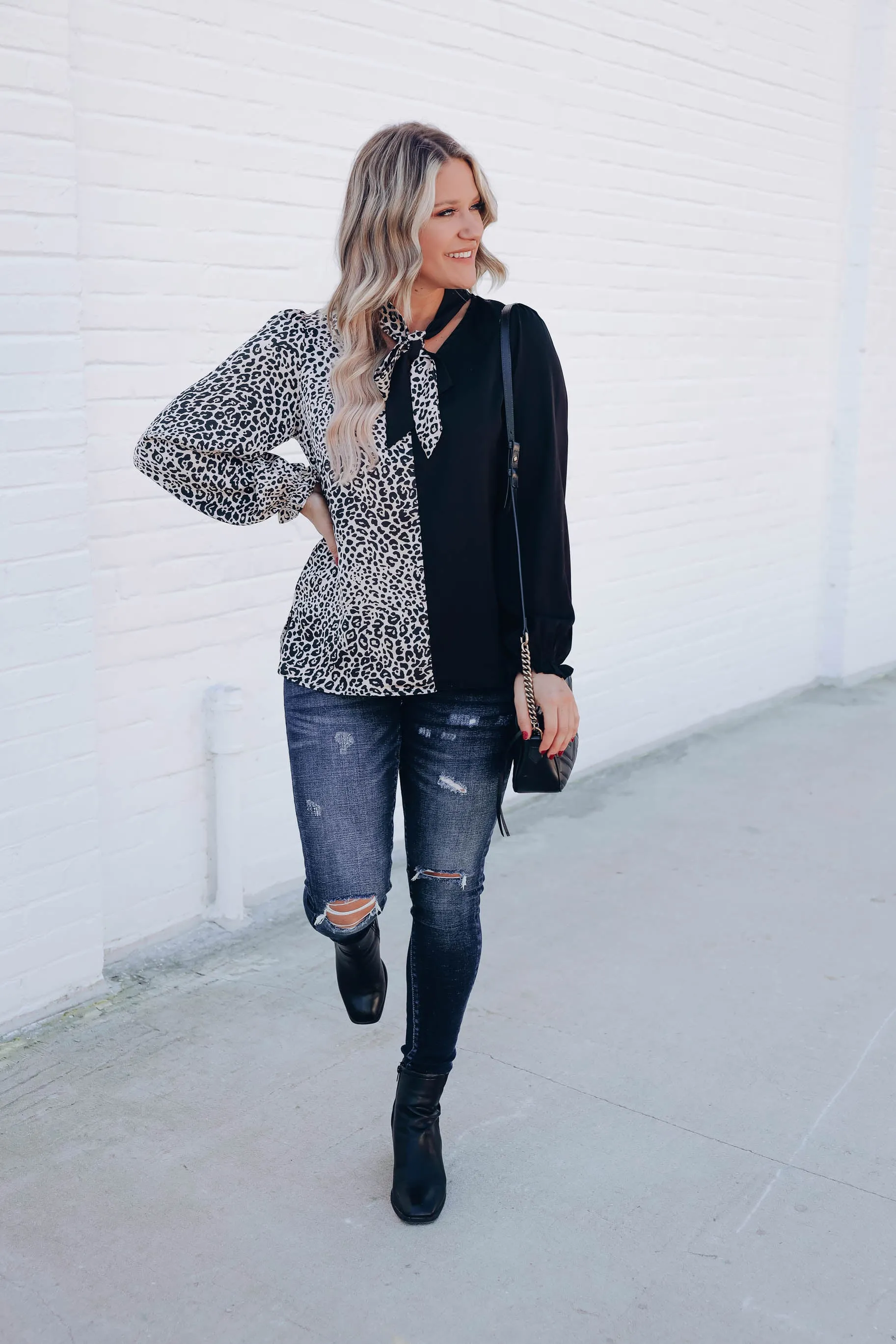 Black Leopard Color Block Blouse