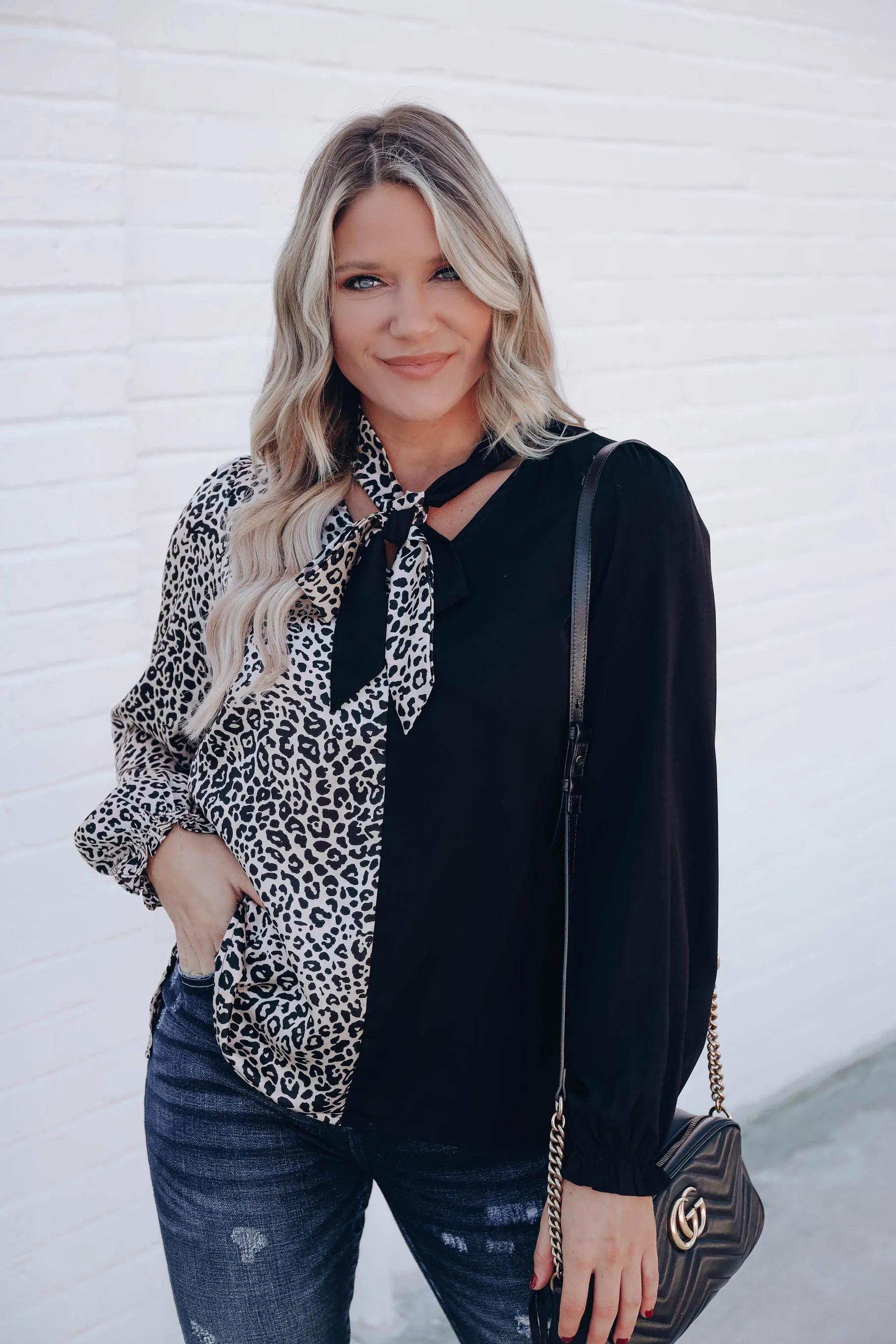 Black Leopard Color Block Blouse