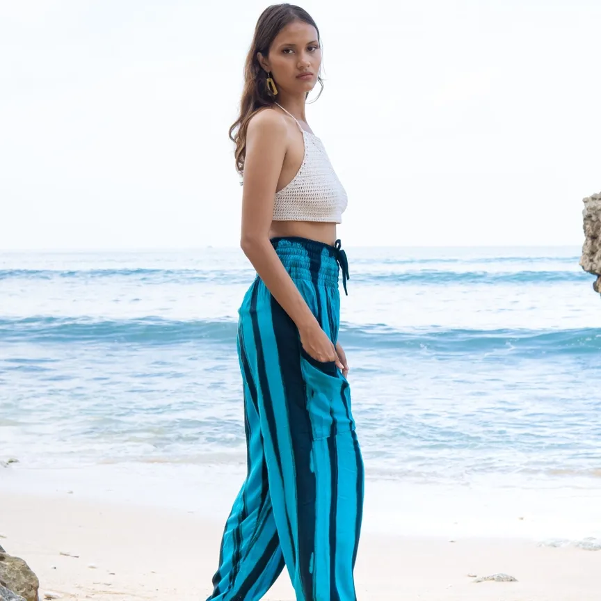 Bold Abstract Tie Dye Bali Pant In Teal & Black, Indonesia