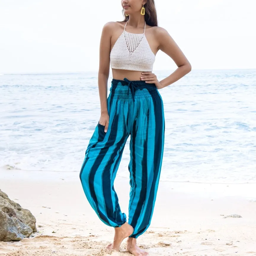 Bold Abstract Tie Dye Bali Pant In Teal & Black, Indonesia