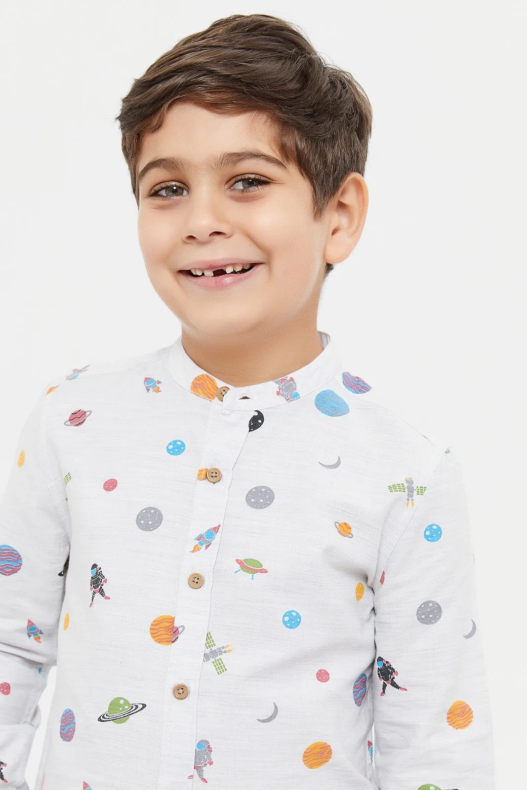 Boys Ecru Printed Mandarin Shirt