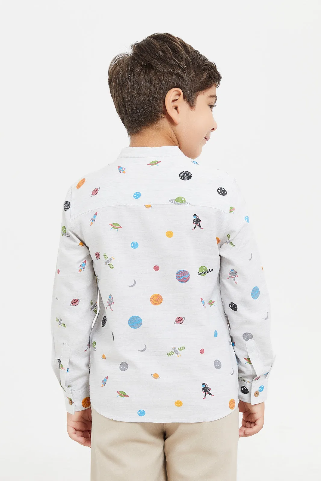 Boys Ecru Printed Mandarin Shirt