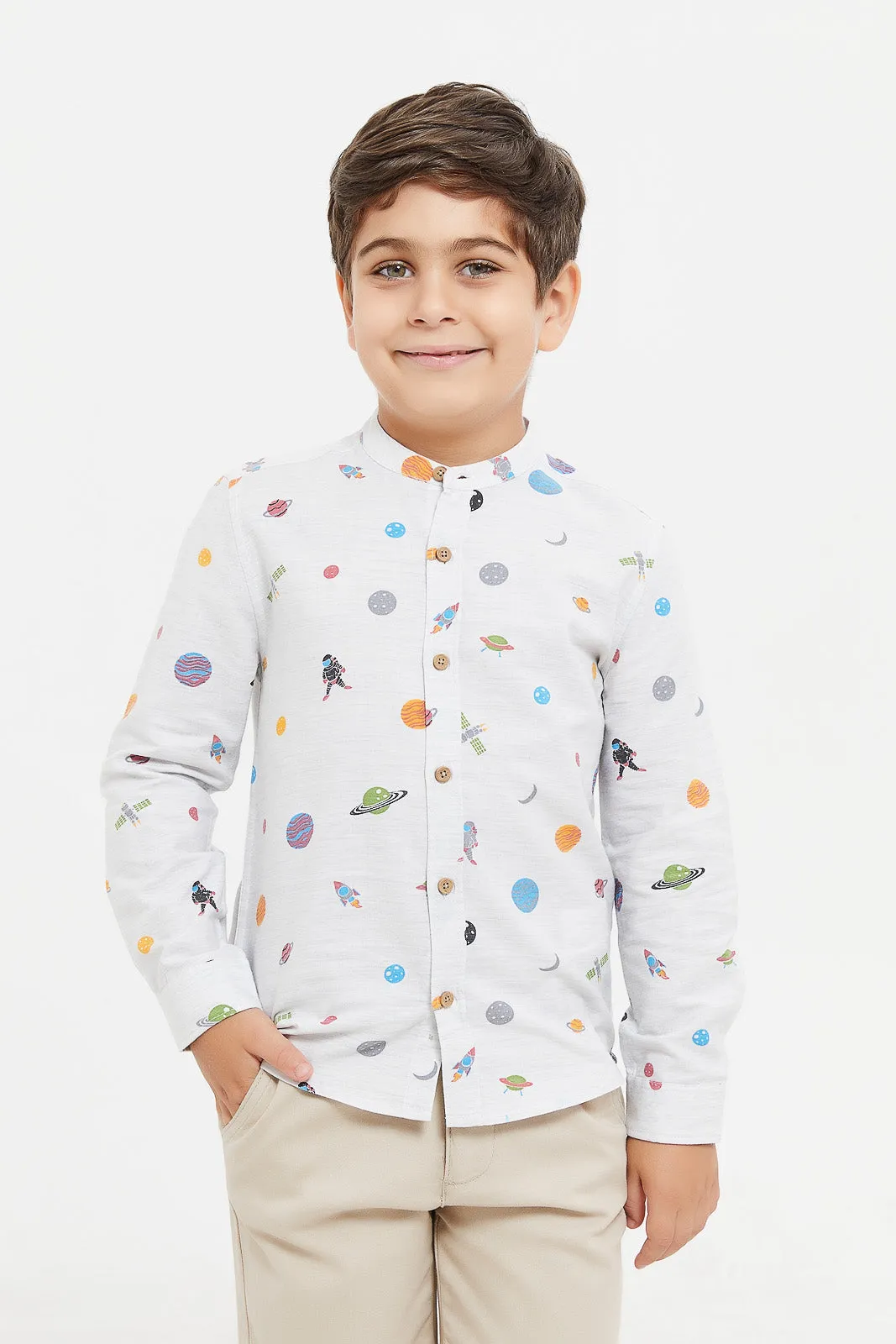 Boys Ecru Printed Mandarin Shirt