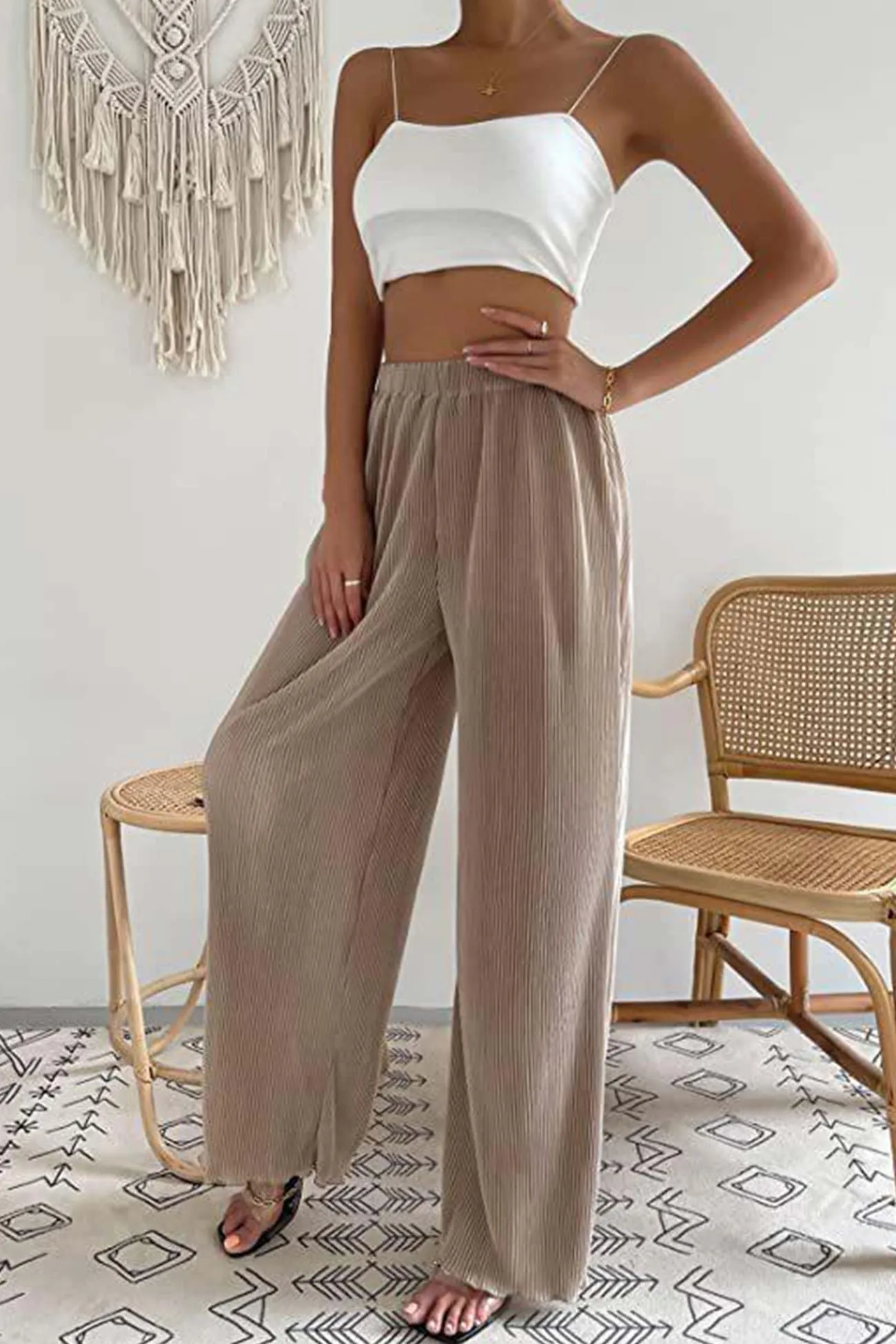 Casual Solid Color Elastic Waist Wide Leg Long Pants