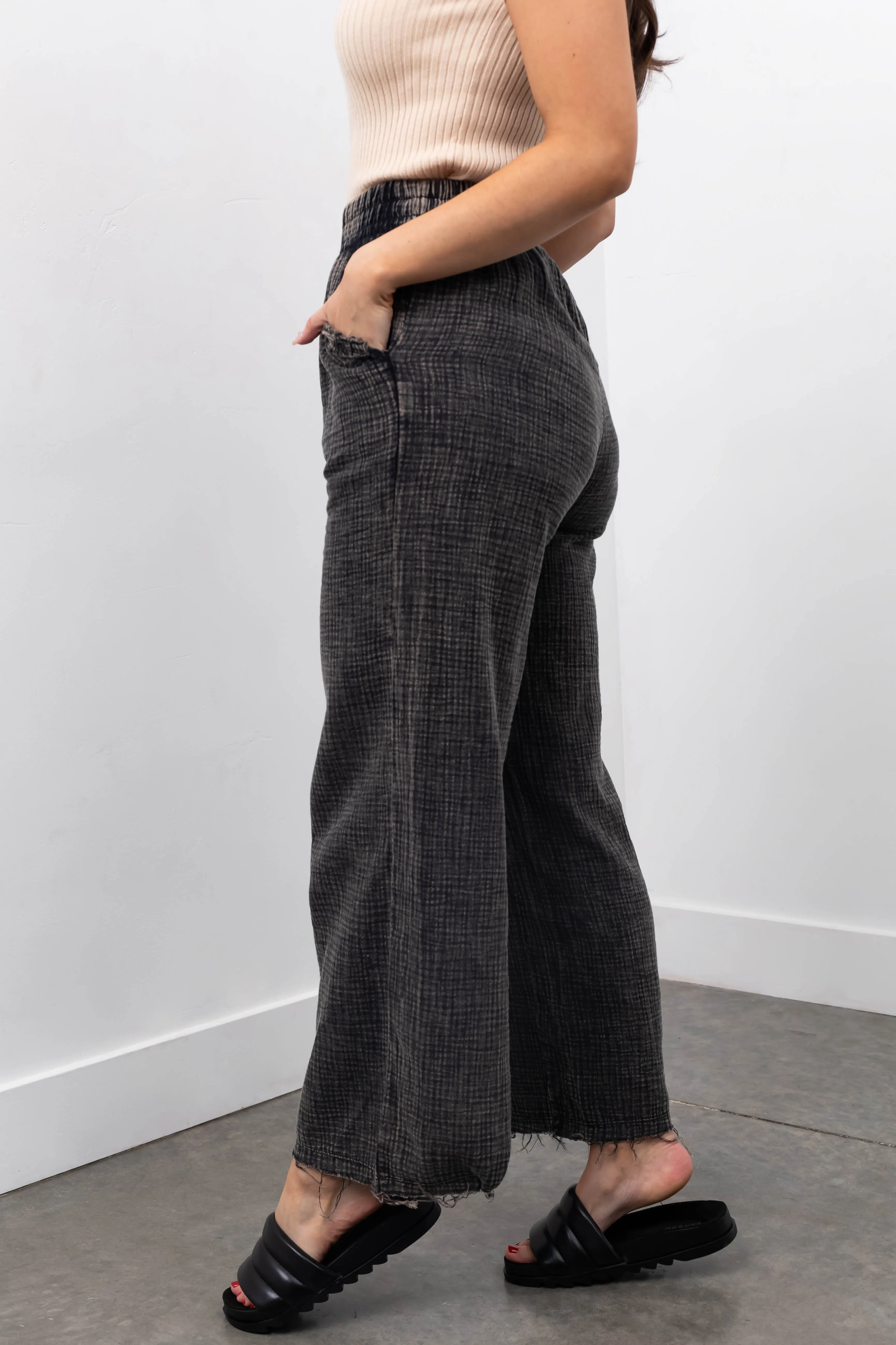 Charcoal Washed Elastic Waist Wide Leg Pants