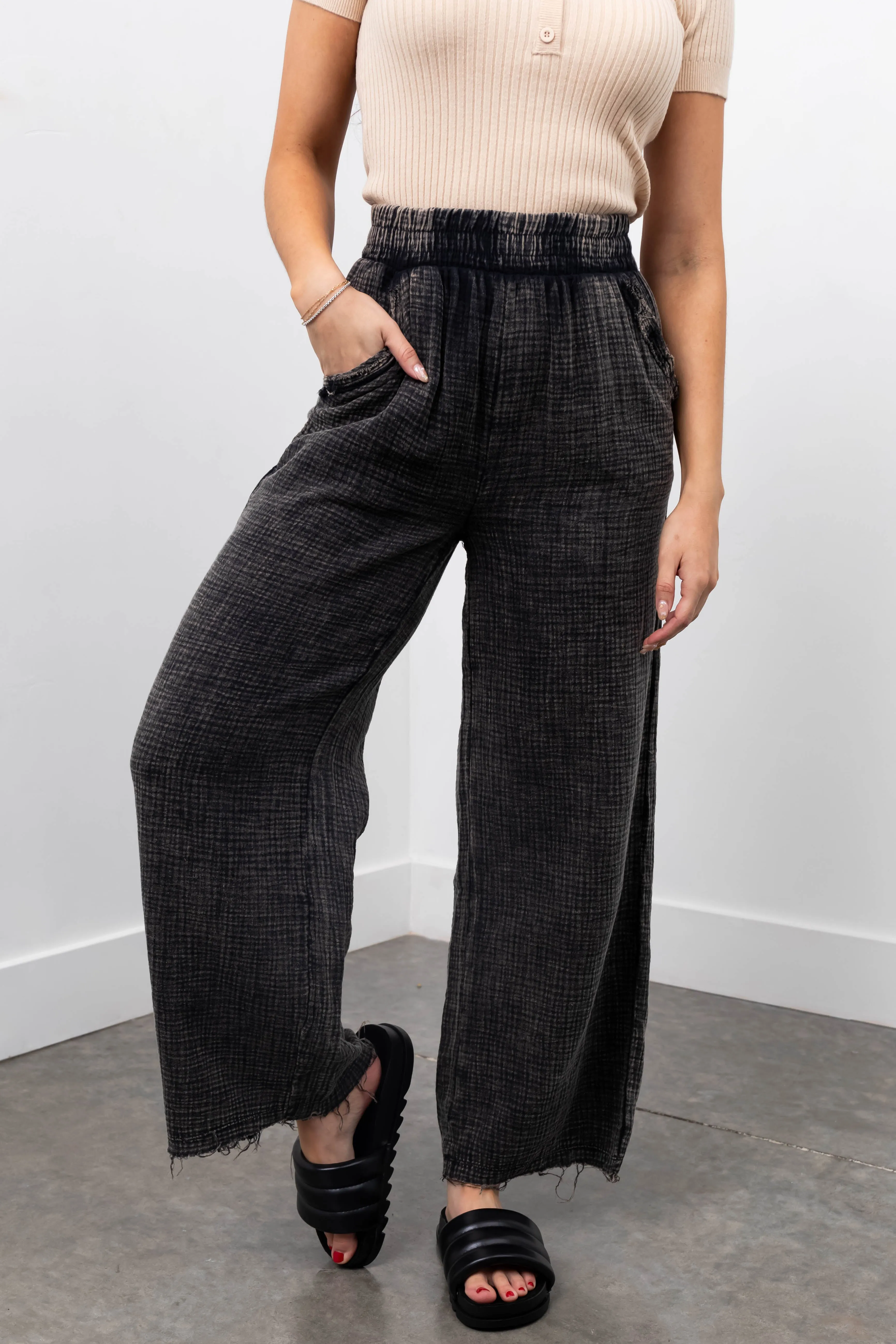 Charcoal Washed Elastic Waist Wide Leg Pants