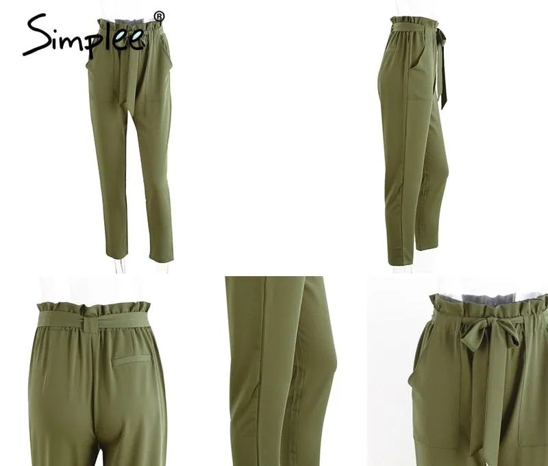 Chiffon khaki harem ladies summer casual Streetwear sash black elastic high waist pants