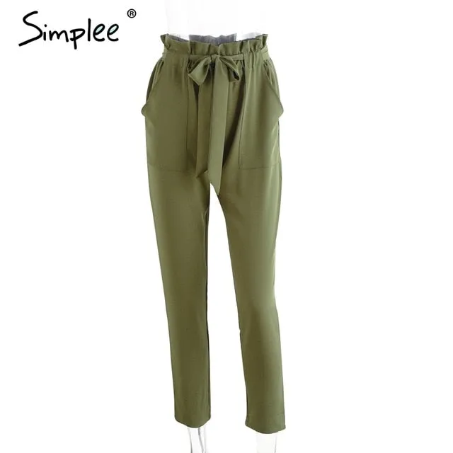 Chiffon khaki harem ladies summer casual Streetwear sash black elastic high waist pants