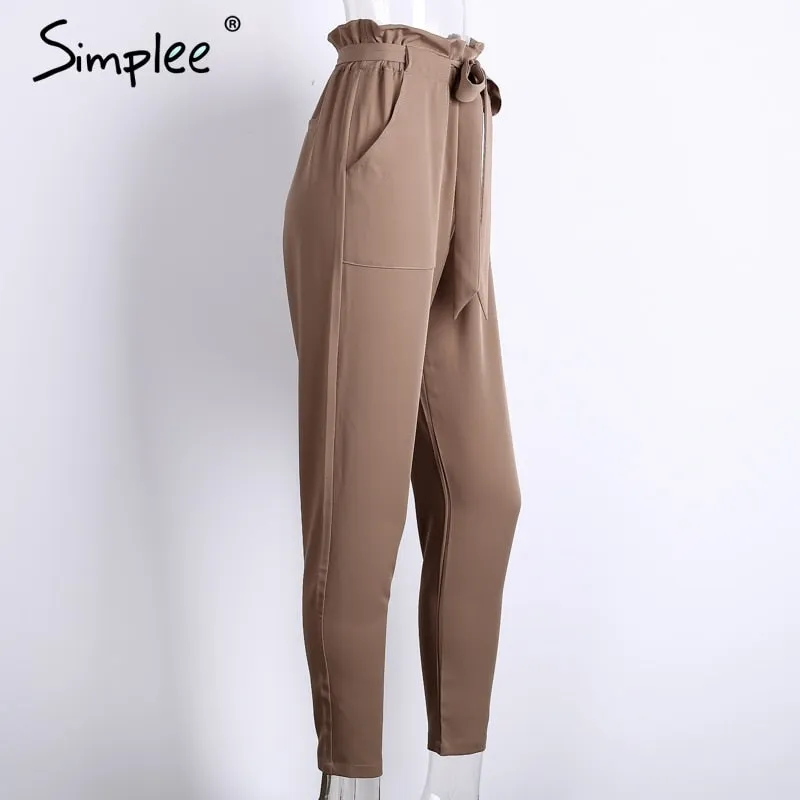 Chiffon khaki harem ladies summer casual Streetwear sash black elastic high waist pants