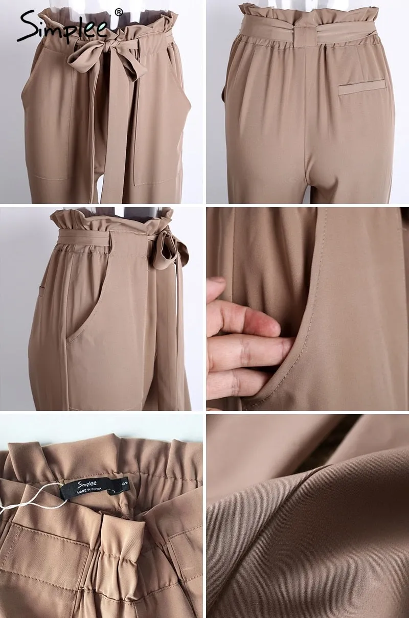 Chiffon khaki harem ladies summer casual Streetwear sash black elastic high waist pants