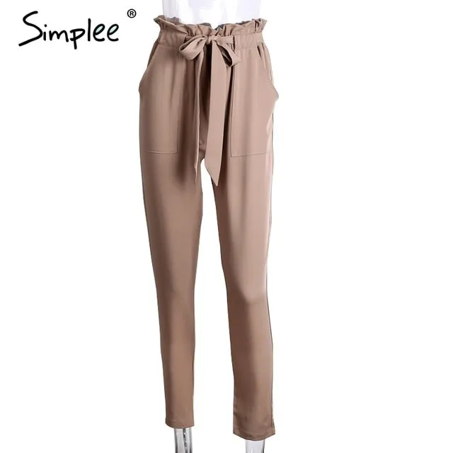 Chiffon khaki harem ladies summer casual Streetwear sash black elastic high waist pants