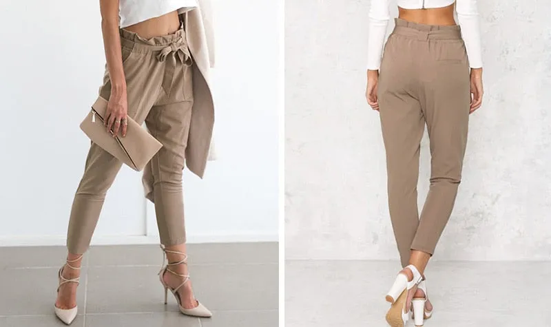 Chiffon khaki harem ladies summer casual Streetwear sash black elastic high waist pants