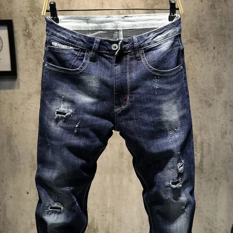 Destroyed Ripped Ankle-Length Tapered Jeans - Dark Blue