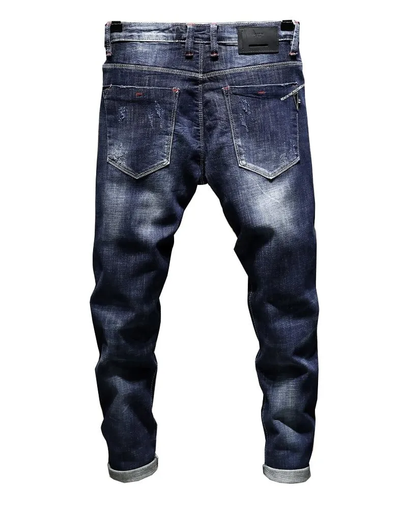 Destroyed Ripped Ankle-Length Tapered Jeans - Dark Blue