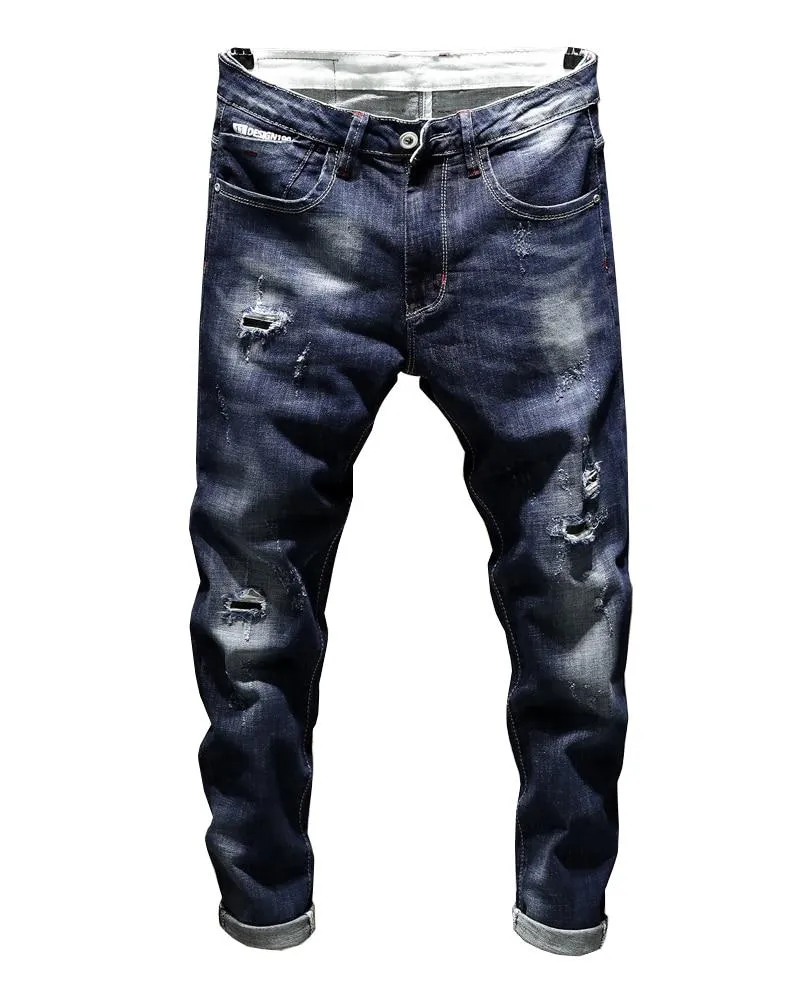 Destroyed Ripped Ankle-Length Tapered Jeans - Dark Blue