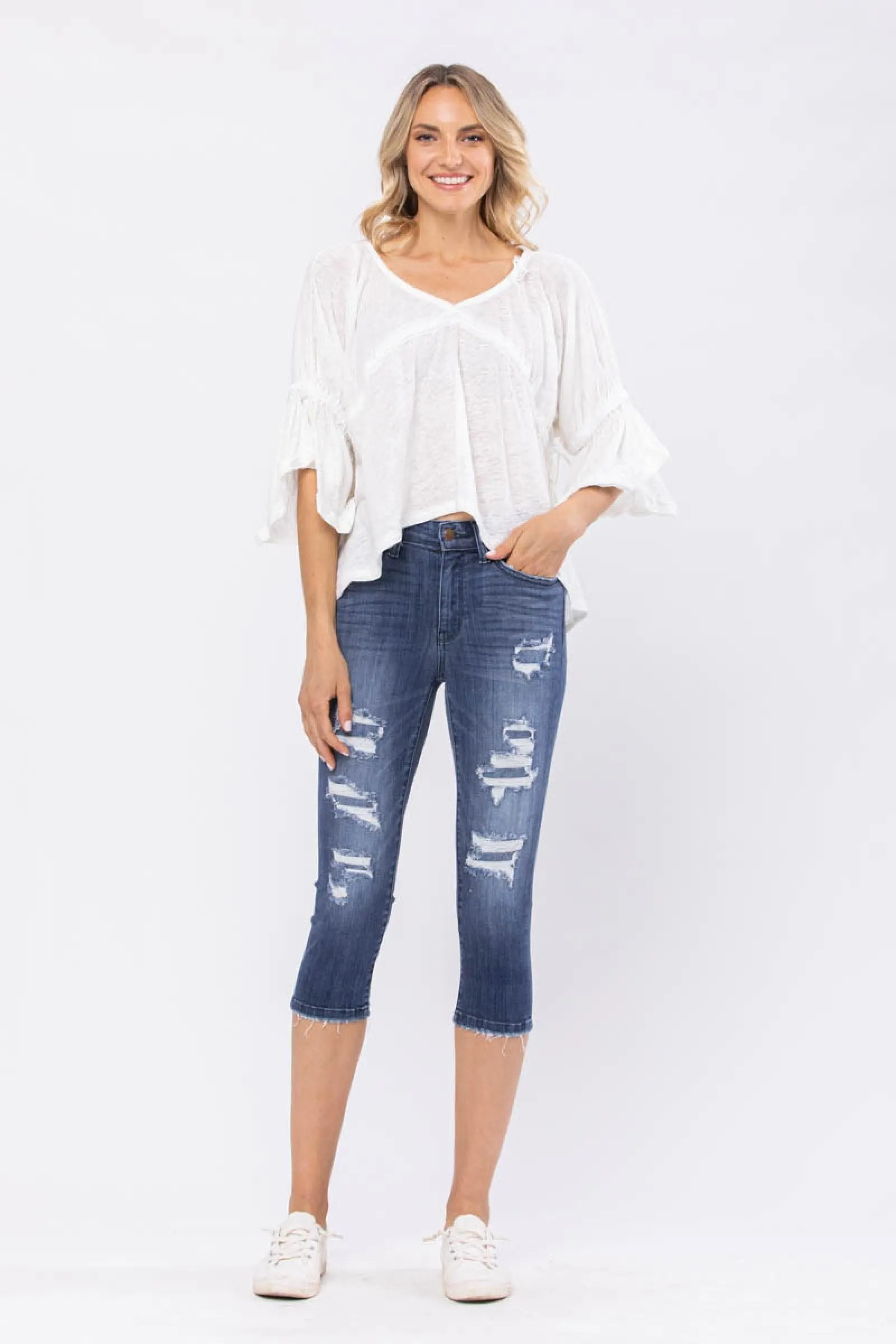 FINAL SALE - Mid Rise Contrast Patch Skinny Capri Jeans