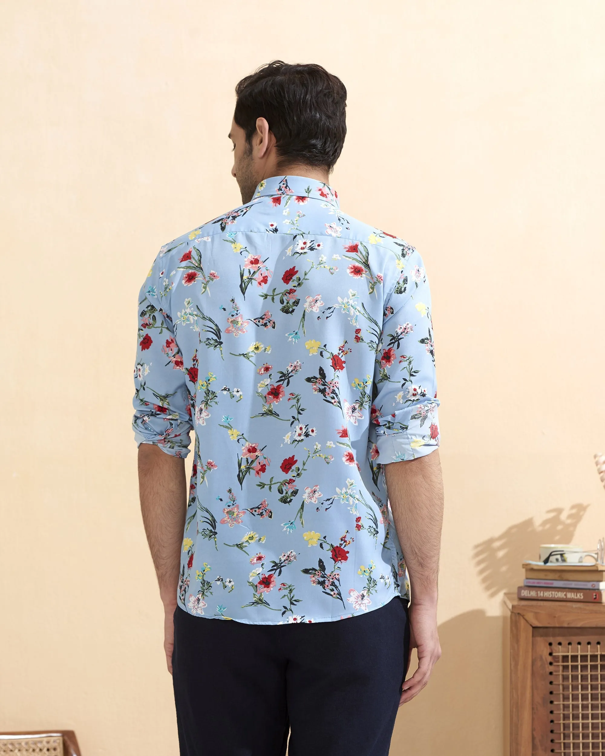 Full Sleeves Sky Blue Crepe Casual Printed Men's Shirt