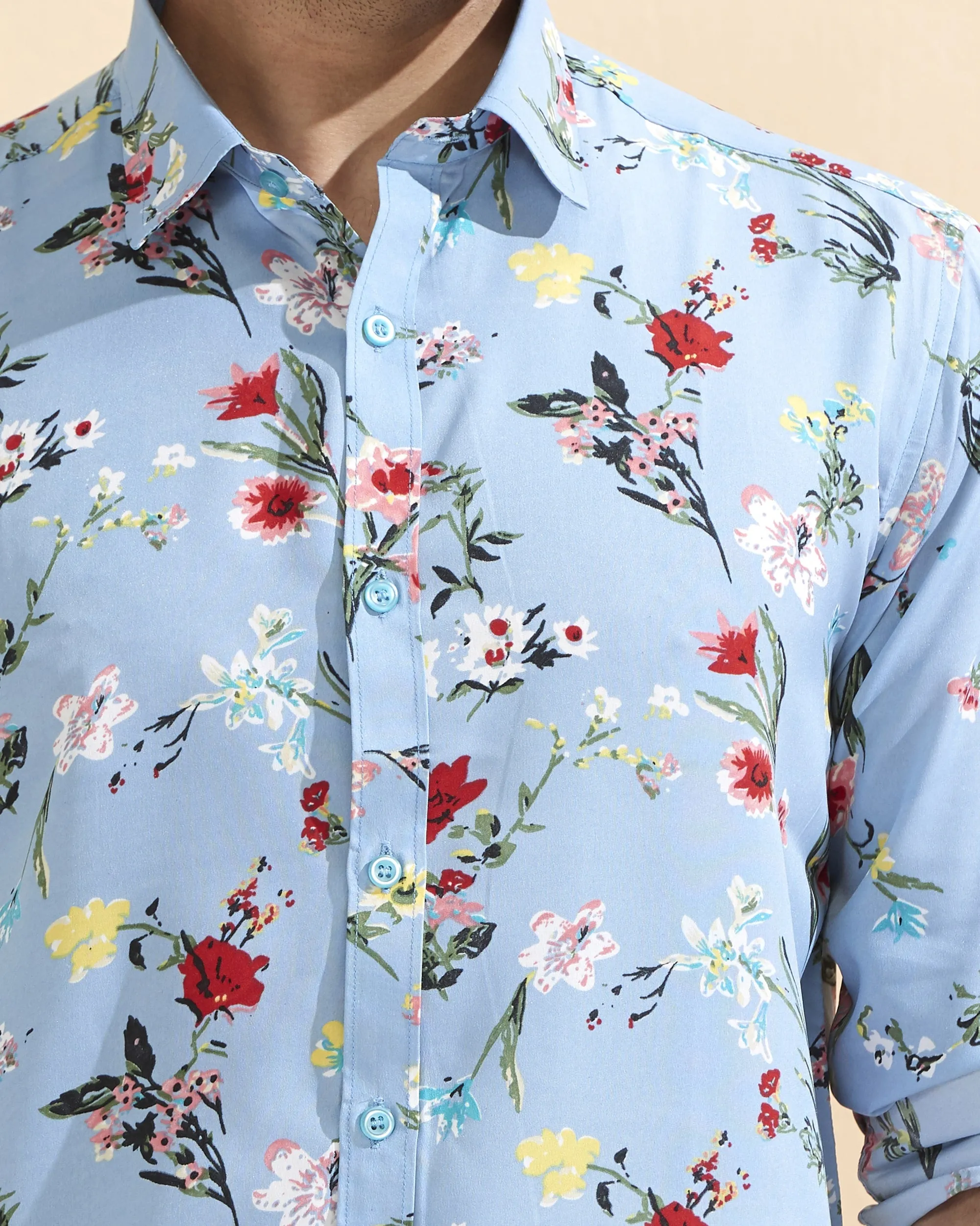 Full Sleeves Sky Blue Crepe Casual Printed Men's Shirt