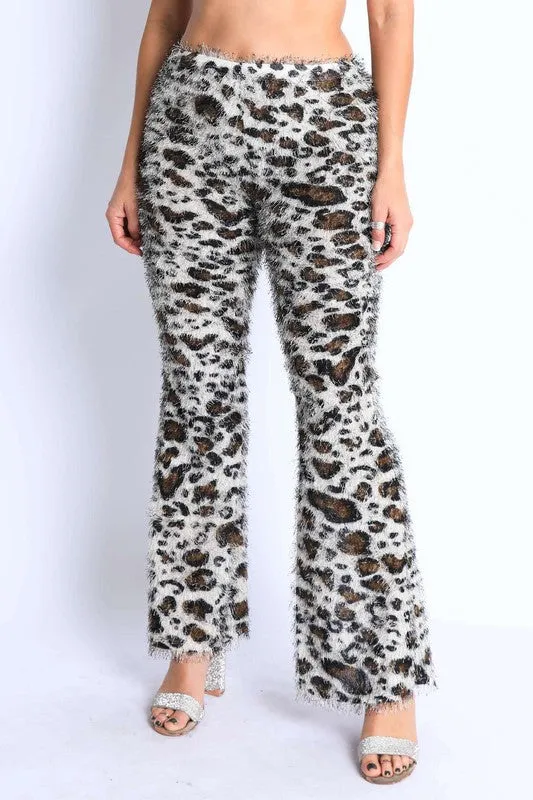 Fur leopard print bell bottom pants