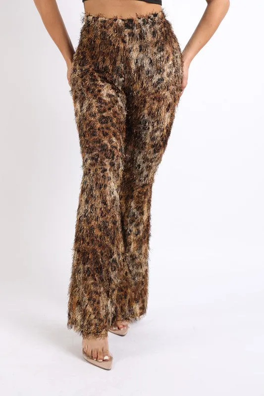 Fur leopard print bell bottom pants