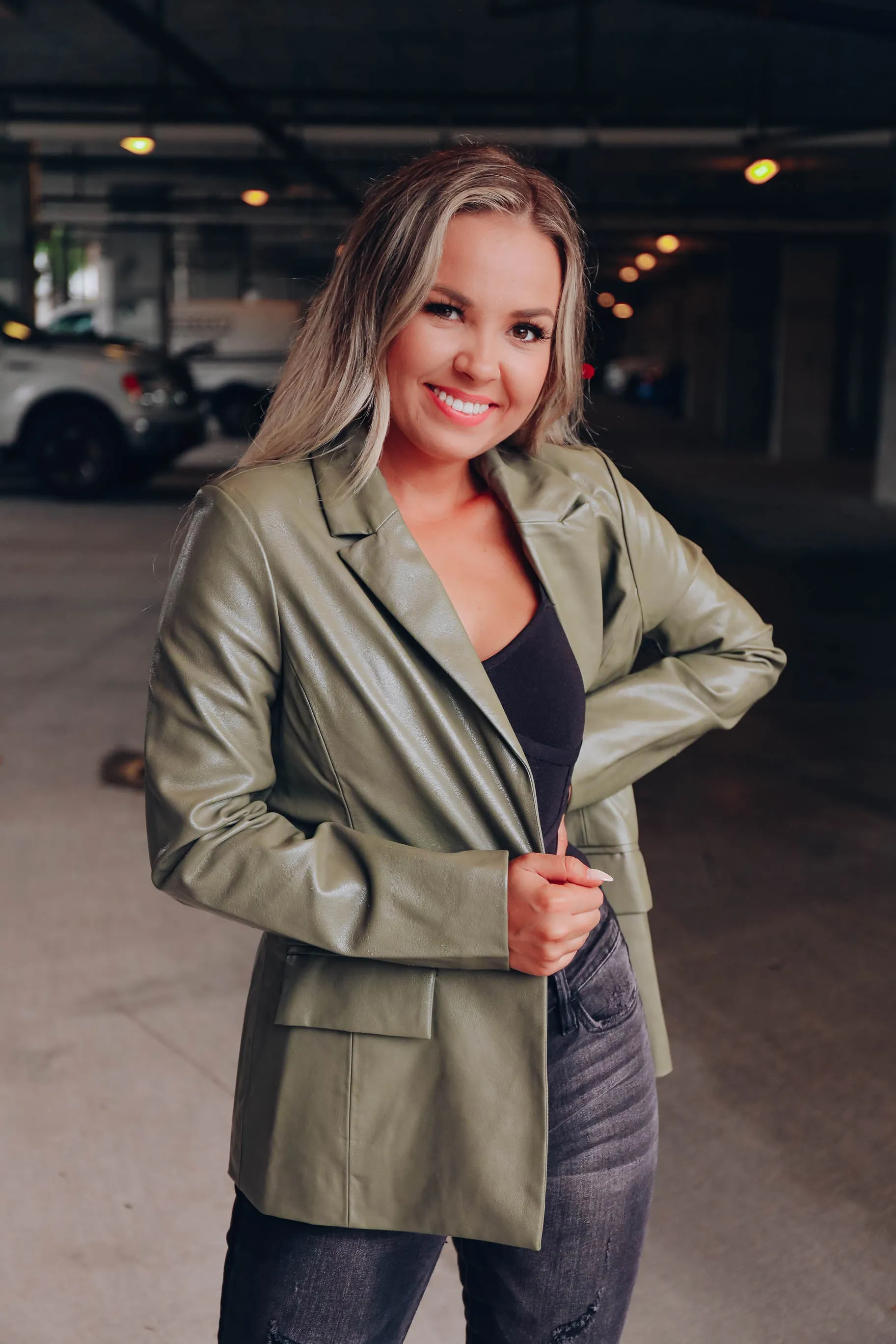 It Girl Faux Leather Blazer - Olive