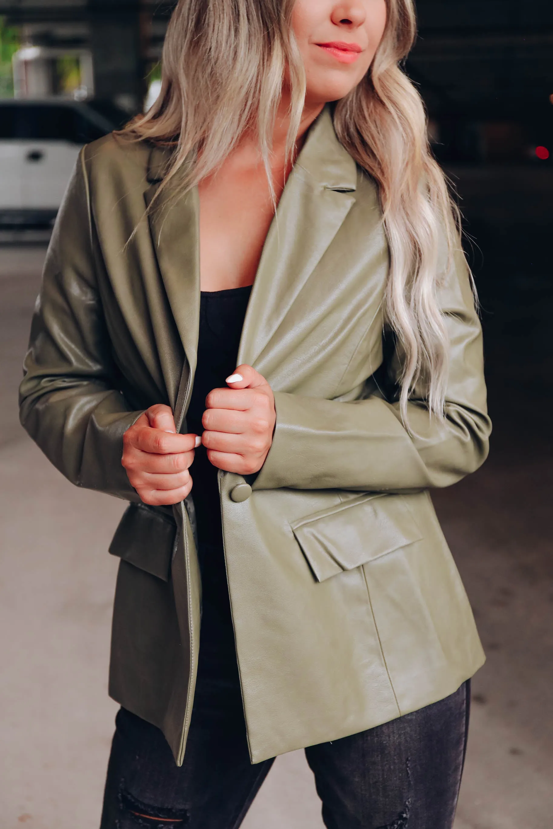 It Girl Faux Leather Blazer - Olive