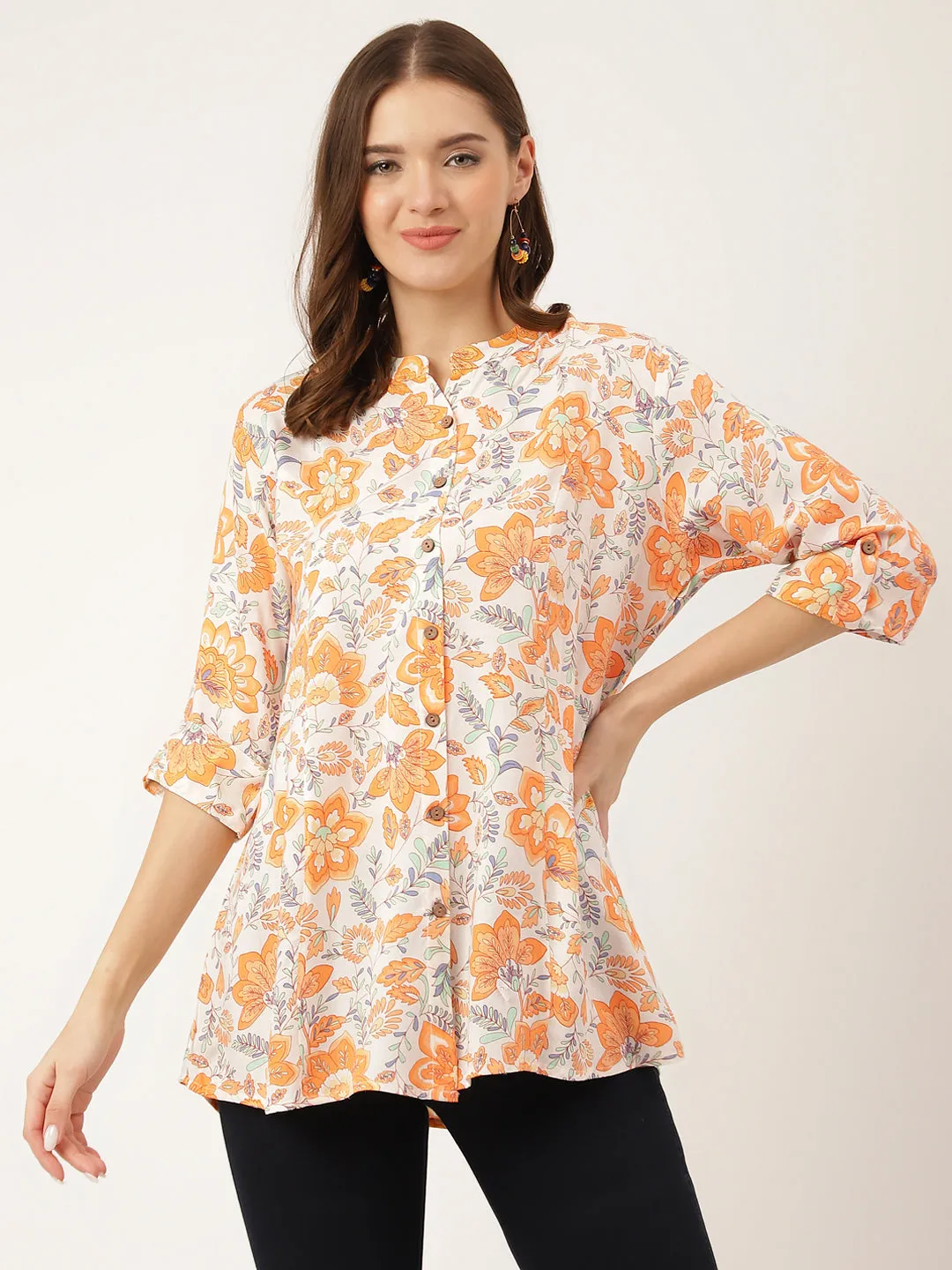 Jashvi Orange Floral Print Rayon Regular Top