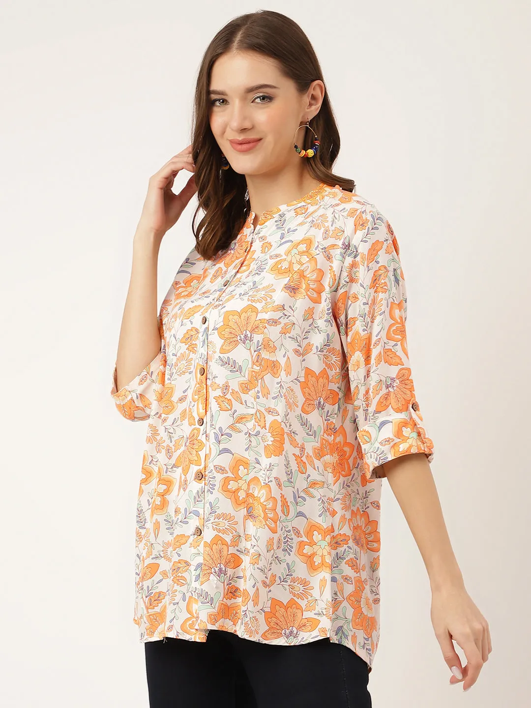 Jashvi Orange Floral Print Rayon Regular Top