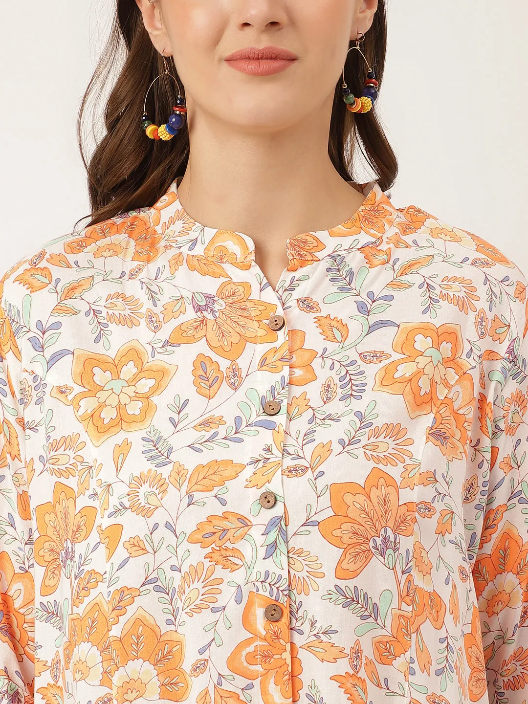 Jashvi Orange Floral Print Rayon Regular Top