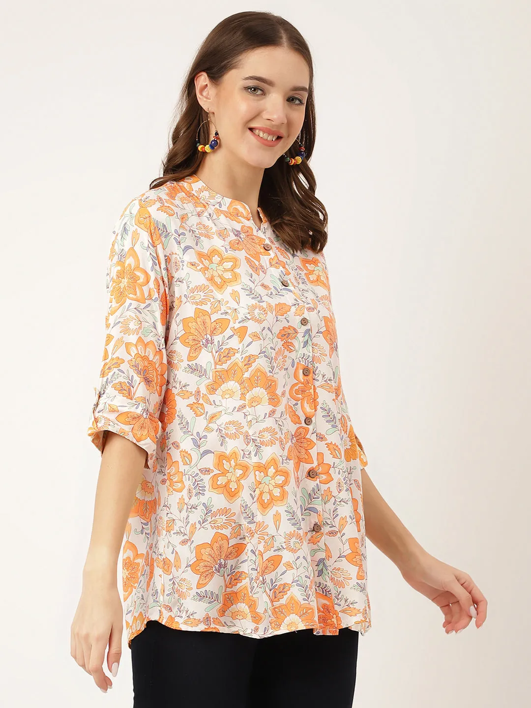 Jashvi Orange Floral Print Rayon Regular Top