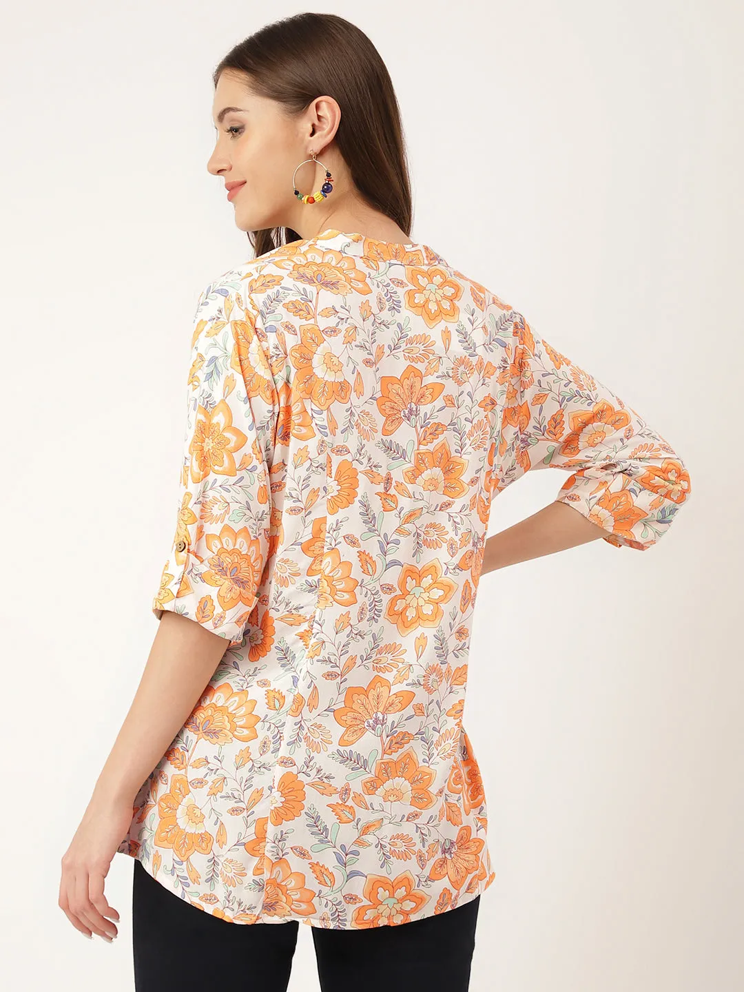 Jashvi Orange Floral Print Rayon Regular Top