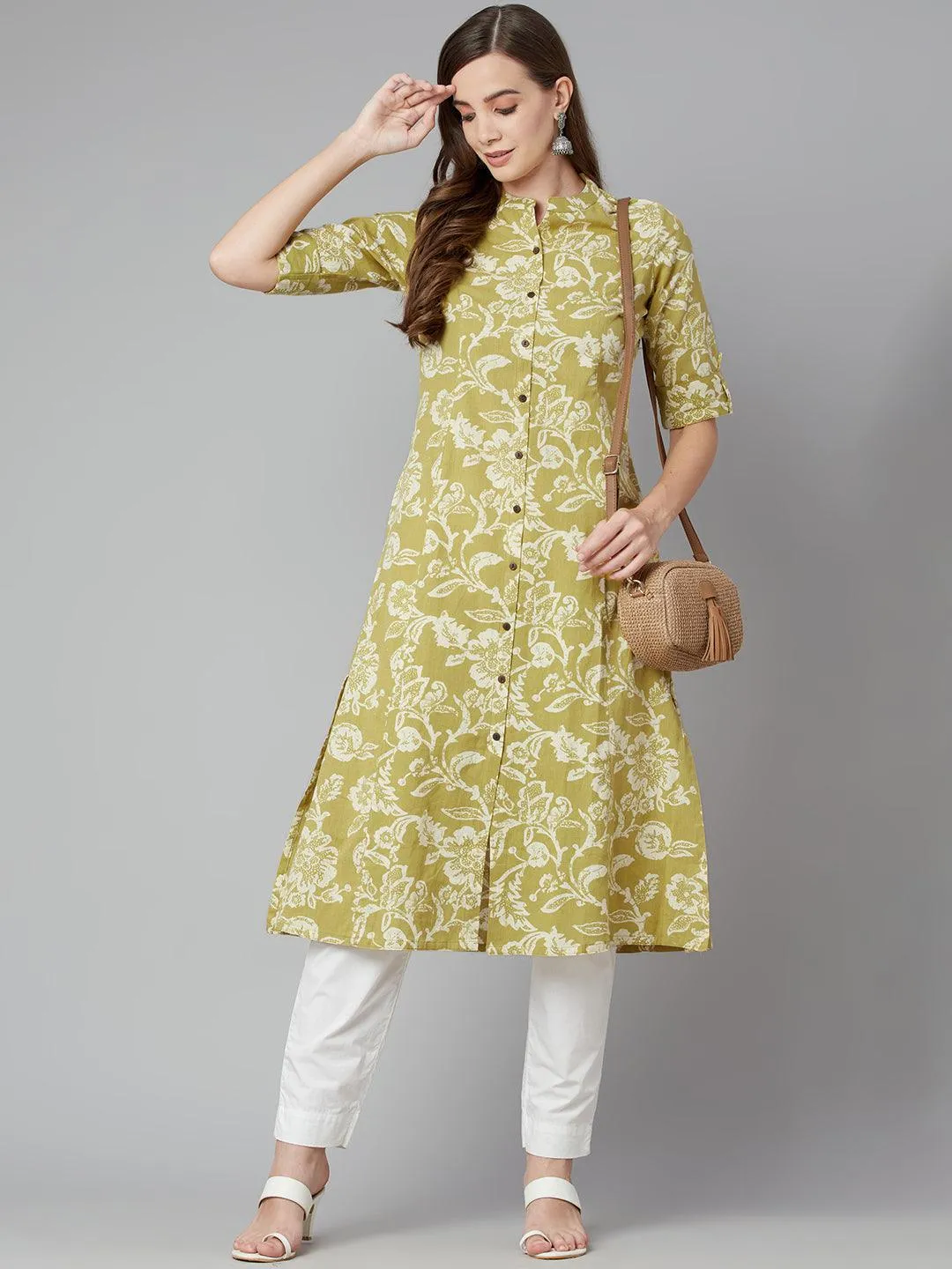 Jashvi Pastel Green Cotton Flex A-line Kurta