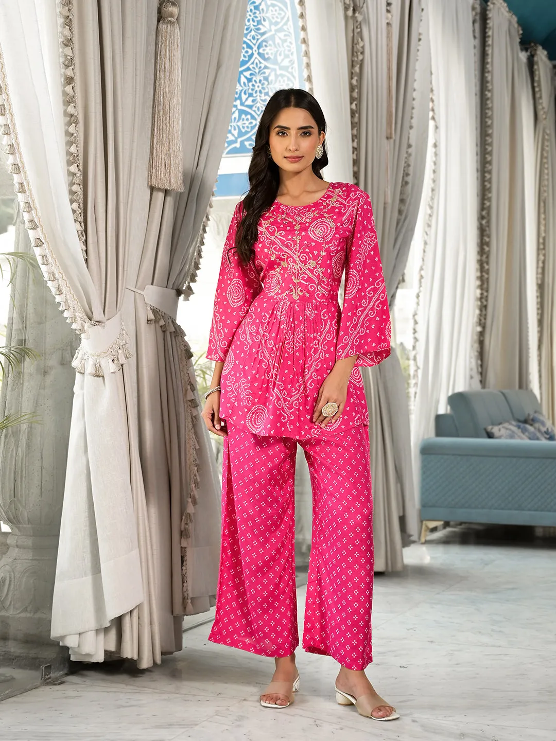 Jashvi Pink Digital Print Gota Work Pure Muslin Co-ord Set