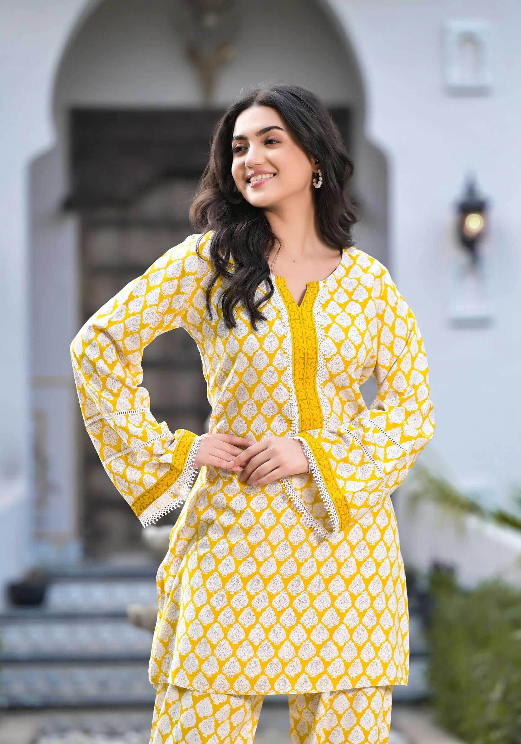 Jashvi Yellow Floral Print Rayon Co-ord set for women