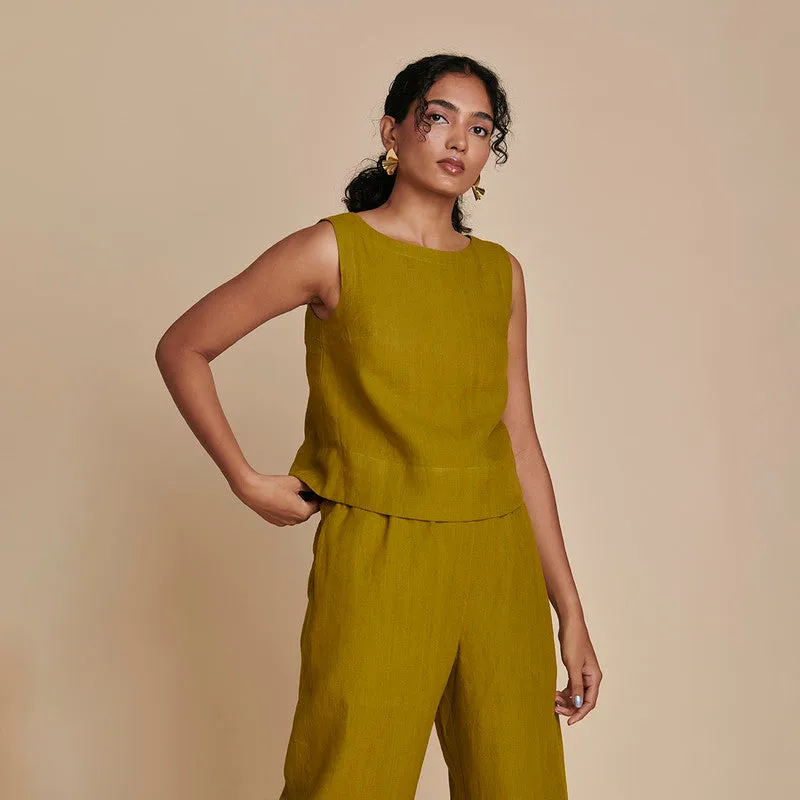 Linen Co Ord Set for Women| Green | Short Top & Pyjama Pants