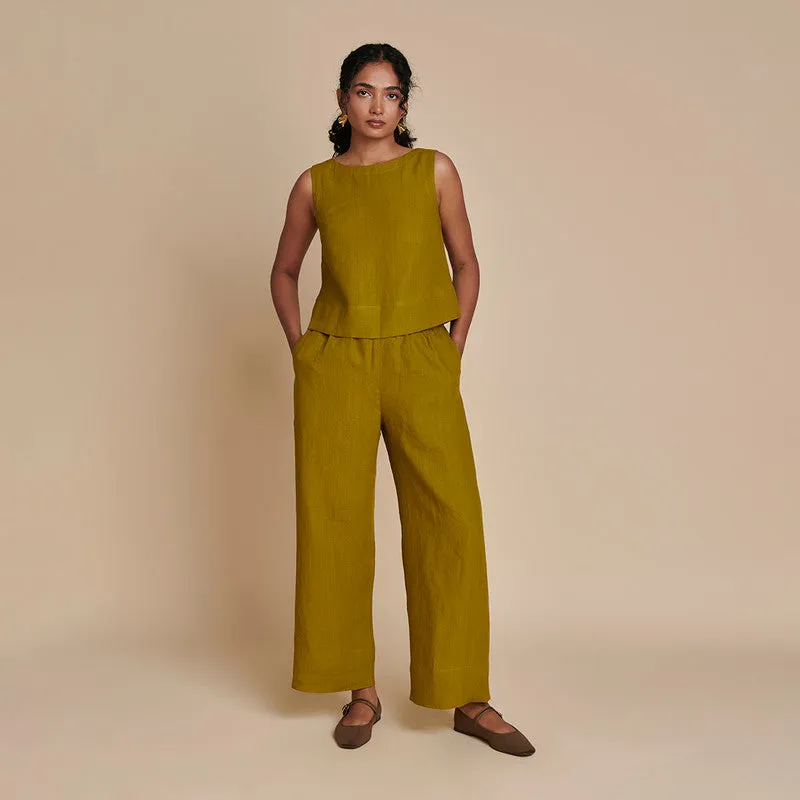 Linen Co Ord Set for Women| Green | Short Top & Pyjama Pants