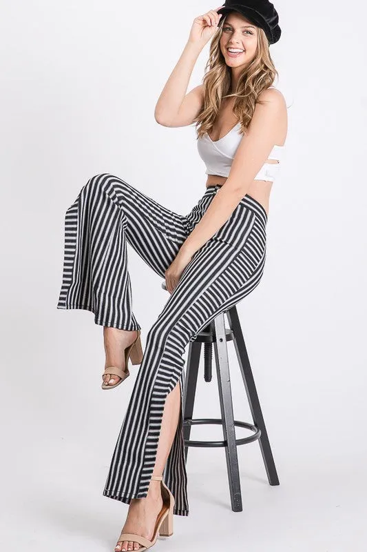 MID RISE STRIPED SIDE SLIT FLARED PANTS