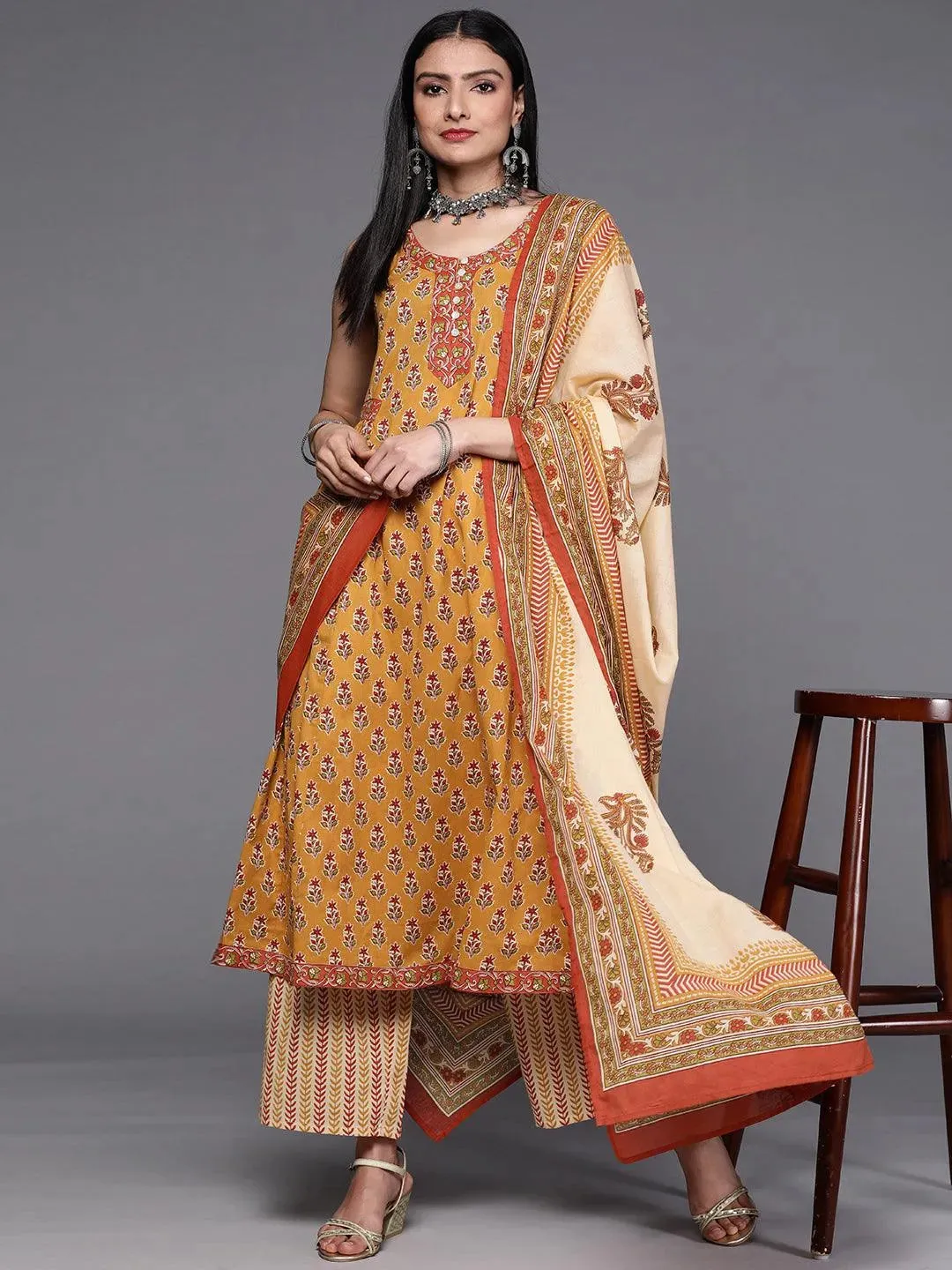 Mustard Printed Cotton A-Line Kurta With Palazzos & Dupatta