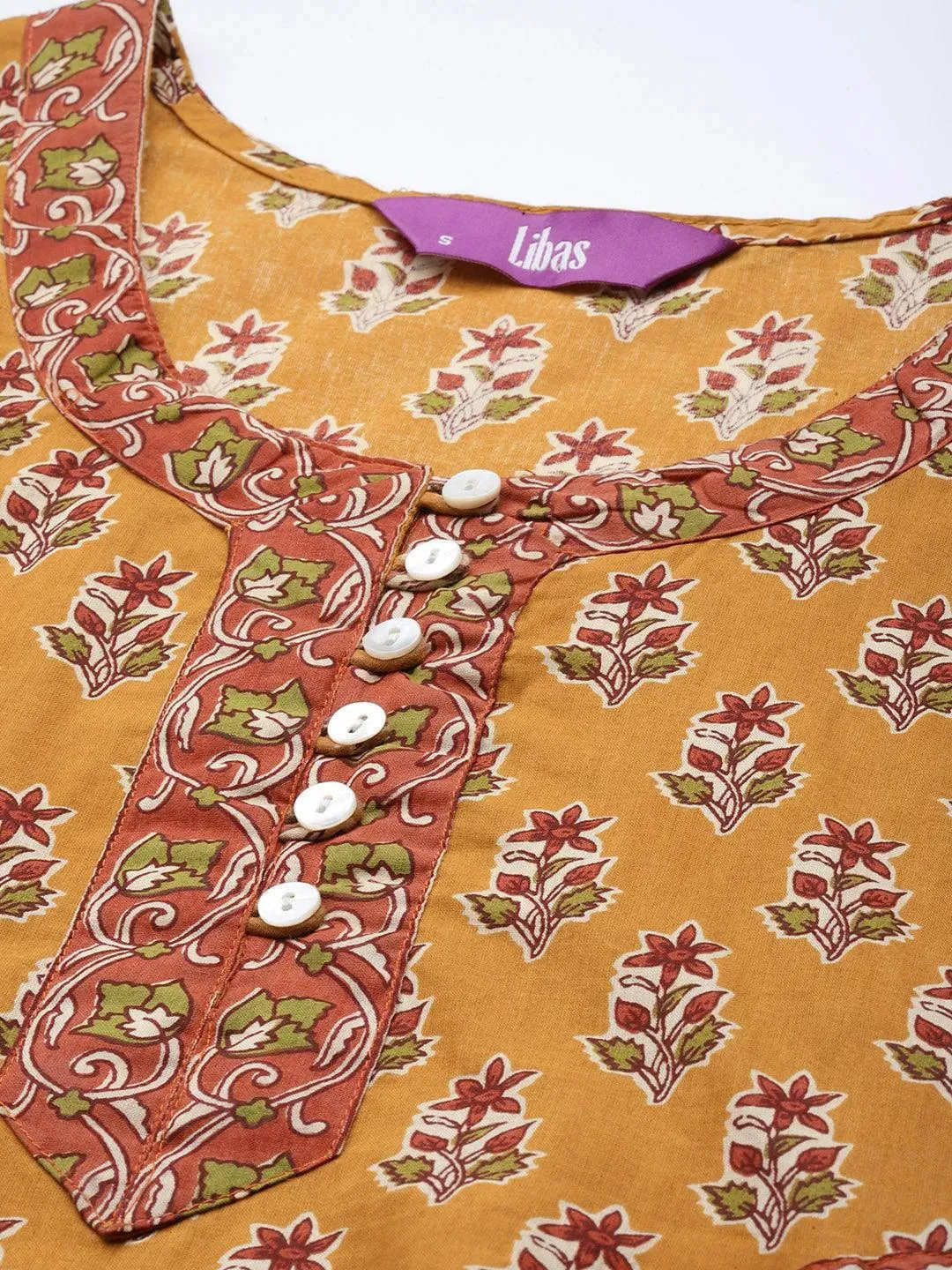 Mustard Printed Cotton A-Line Kurta With Palazzos & Dupatta