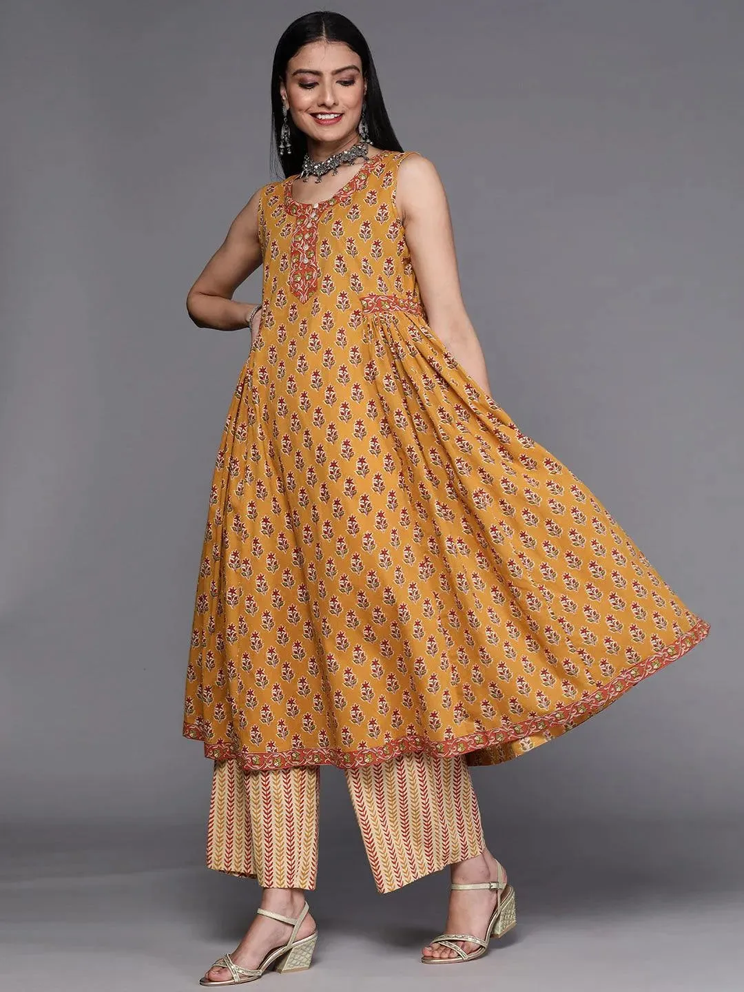 Mustard Printed Cotton A-Line Kurta With Palazzos & Dupatta