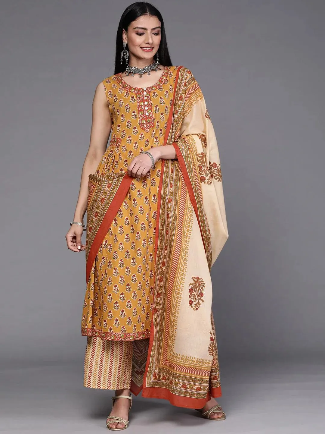 Mustard Printed Cotton A-Line Kurta With Palazzos & Dupatta