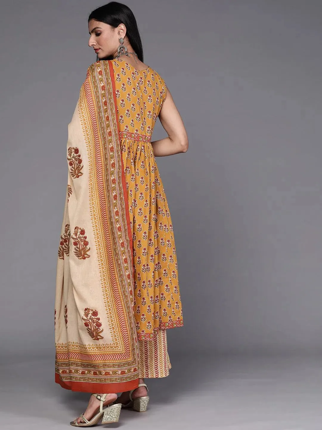 Mustard Printed Cotton A-Line Kurta With Palazzos & Dupatta