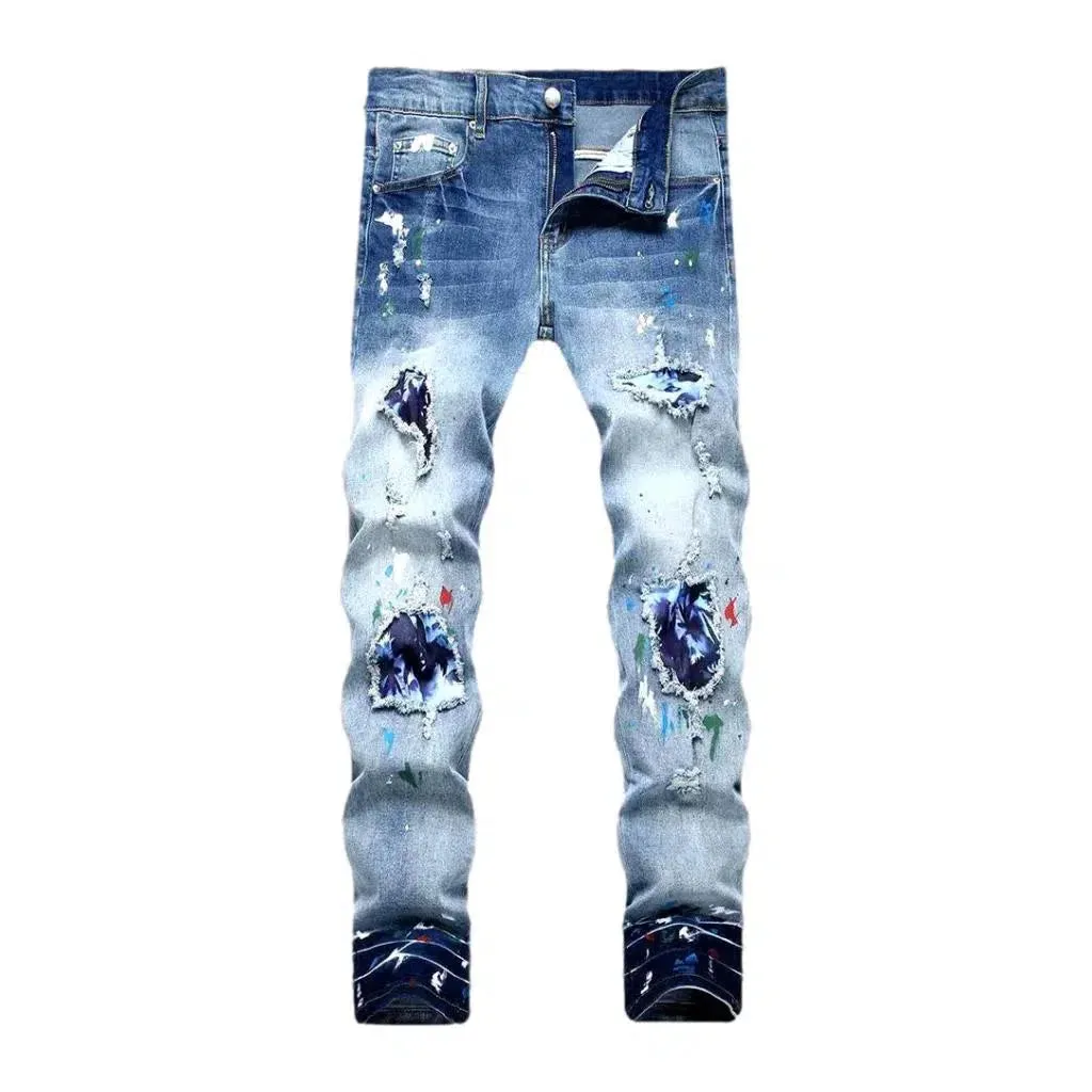 Painted-patches men's sanded jeans