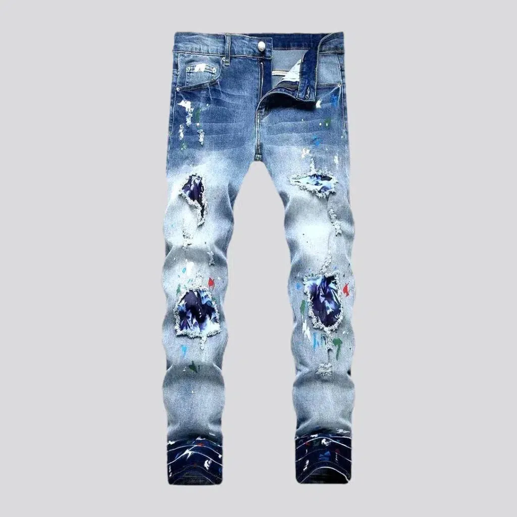 Painted-patches men's sanded jeans