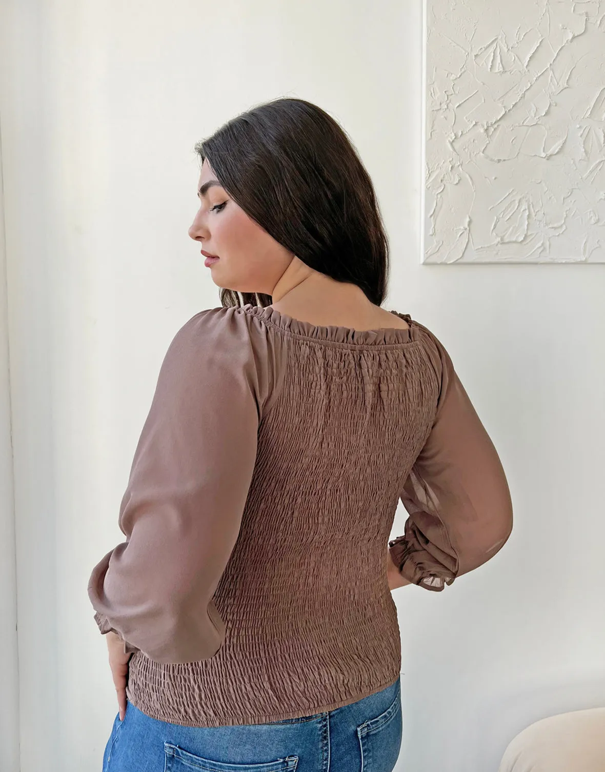 Plus Size Smocked Back Long Sleeve Blouse