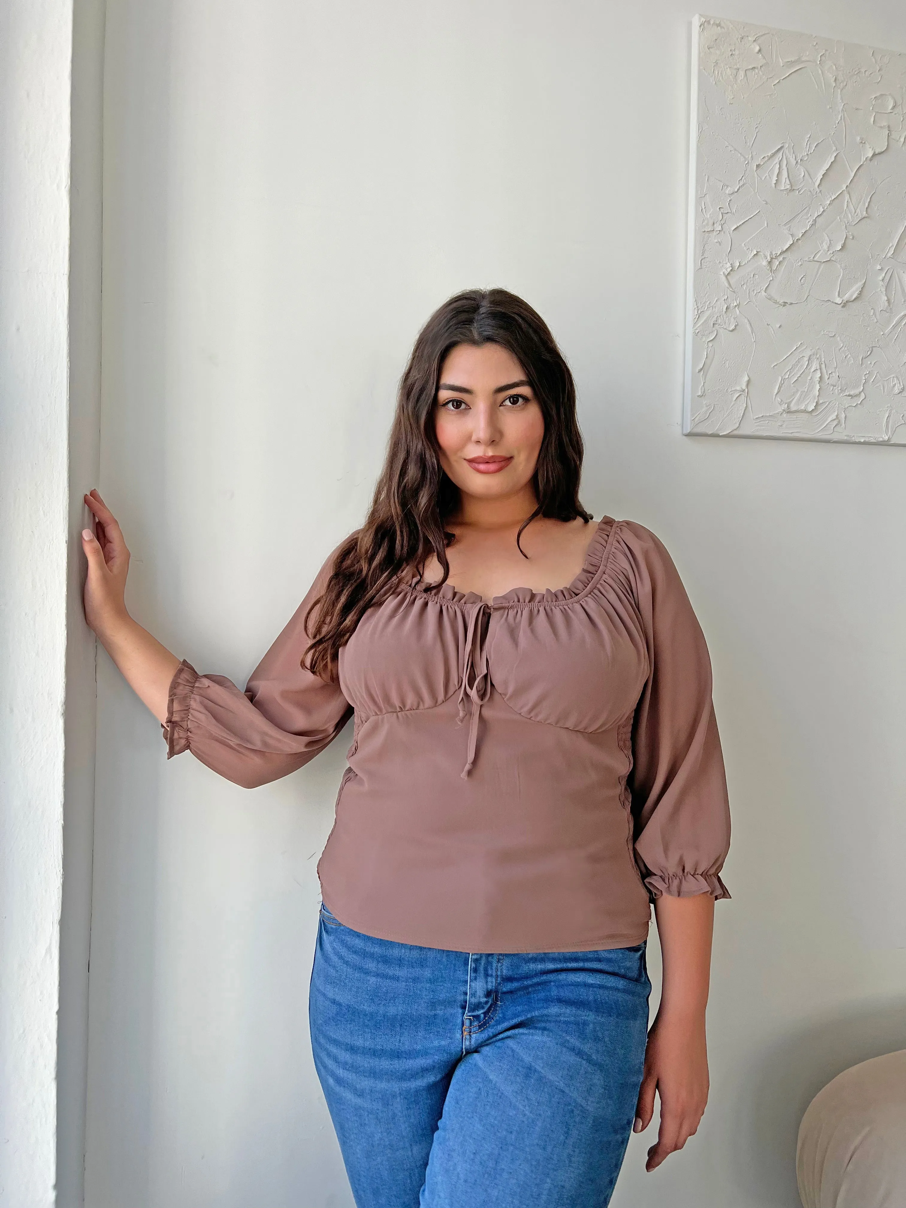 Plus Size Smocked Back Long Sleeve Blouse